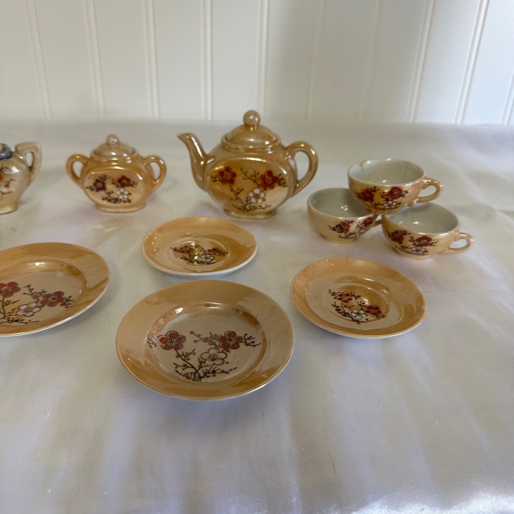 Vintage Unbranded Miniature‎ Tea Set Kids Peach Lustreware Cherry Blossom Floral